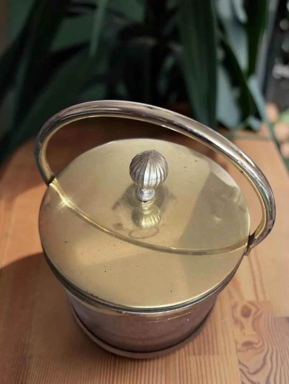Vintage 1960s 70s Brown Faux Leather Ice Bucket Brass Tone Barware MCM